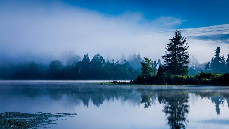 lake, Morning, Mist, Blue, Forest, Water, Reflection, Washington State, Nature, Sunrise, Landscape, Trees HD Wallpaper Desktop Background