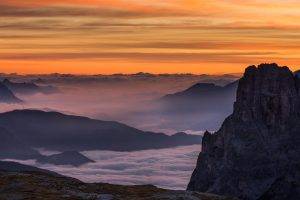 mist, Landscape, Morning, Nature, Sunrise, Mountain, Alps, Italy, Clouds, Sky, Summer, Dolomites (mountains)