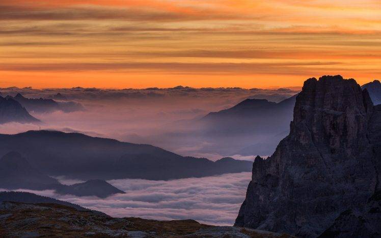 mist, Landscape, Morning, Nature, Sunrise, Mountain, Alps, Italy, Clouds, Sky, Summer, Dolomites (mountains) HD Wallpaper Desktop Background
