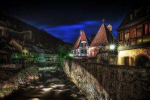 landscape, Kaysersberg, France, City, Evening, Lights, House, HDR, Architecture, Canal, Hill, Urban, Shrubs