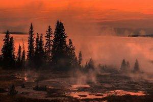 lake, Sunrise, Mist, Nature, Yellowstone National Park, Trees, Shrubs, Puddle, Landscape