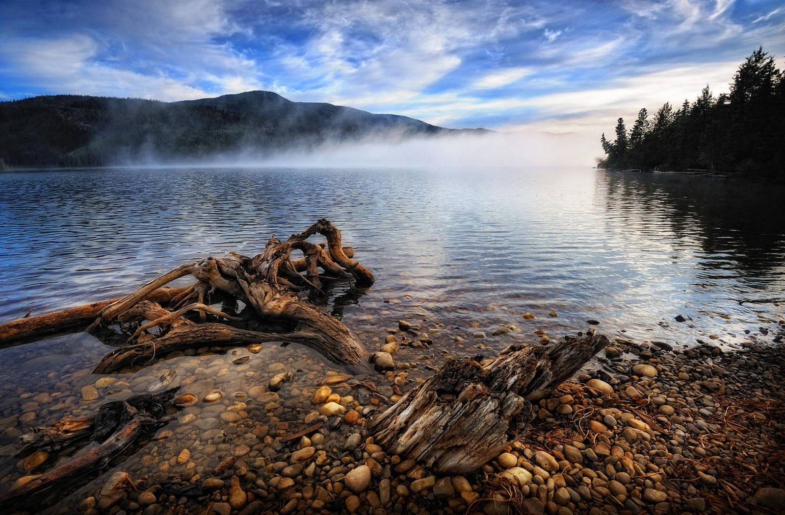 landscape, Nature, Morning, Lake, Mist, Trees, Hill, Clouds, Water, Stones Wallpaper