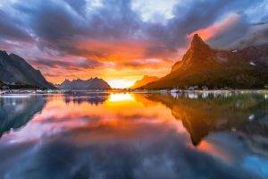 landscape, Nature, Midnight, Sun, Sky, Norway, Summer, Fjord, Village, Mountain, Island, Clouds, Sea, Reflection, Sunset, Water