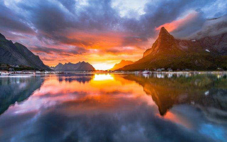 landscape, Nature, Midnight, Sun, Sky, Norway, Summer, Fjord, Village, Mountain, Island, Clouds, Sea, Reflection, Sunset, Water HD Wallpaper Desktop Background