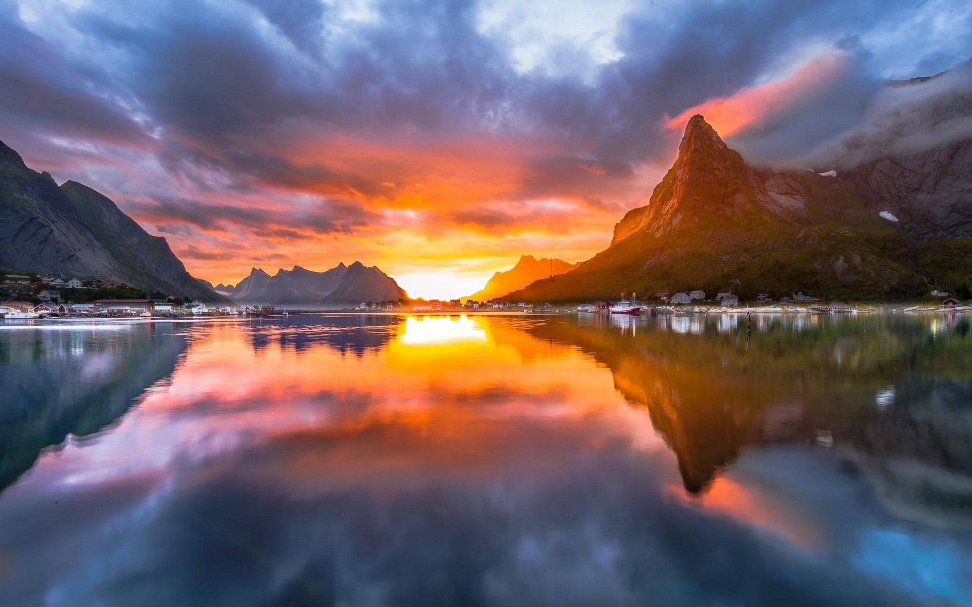 landscape, Nature, Midnight, Sun, Sky, Norway, Summer, Fjord, Village, Mountain, Island, Clouds, Sea, Reflection, Sunset, Water Wallpaper