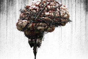 digital Art, The Evil Within, Video Games, Barbed Wire, Blood, Rock, Old Building, House, Upside Down, Simple Background