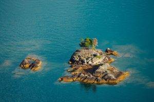 nature, Landscape, Rock, Water, Trees, Island, Sea, Aerial View, Birds Eye View, Reflection, Blue