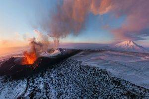nature, Landscape, Volcano, Eruption, Kamchatka, Russia, Winter, Snow, Clouds, Sunset, Aerial View, Smoke