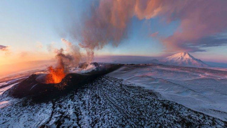 nature, Landscape, Volcano, Eruption, Kamchatka, Russia, Winter, Snow, Clouds, Sunset, Aerial View, Smoke HD Wallpaper Desktop Background
