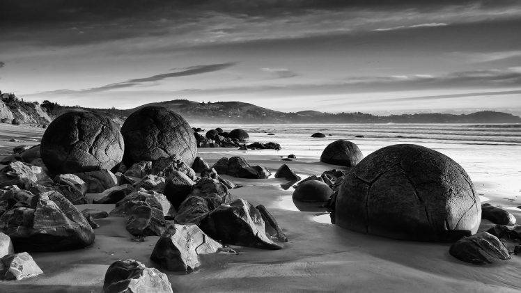 nature, Landscape, Rock, Water, New Zealand, Beach, Sand, Coast, Sea, Hill, Clouds, Trees, Waves, Monochrome HD Wallpaper Desktop Background