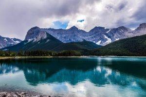 nature, Landscape, Lake, Summer, Reflection, Mountain, Clouds, Alberta, Canada, Forest, Water