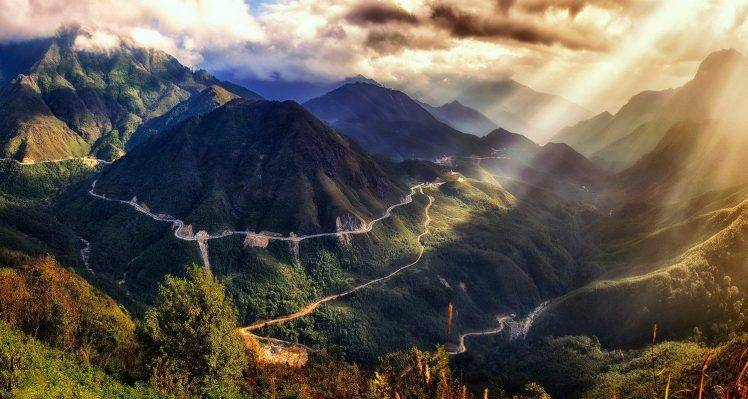 nature, Landscape, Vietnam, Sunset, Mountain, Clouds, Sky, Road, Shrubs, Sun Rays, Valley HD Wallpaper Desktop Background