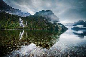 nature, Landscape, New Zealand, Lake, Mountain, Mist, Morning, Water, Clouds, Reflection