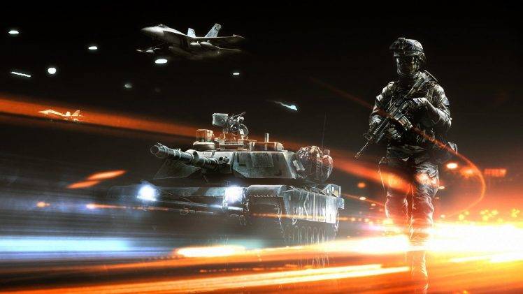 artwork, Video Games, Battlefield 3, Soldier, Tank, Jet Fighter, Light Trails HD Wallpaper Desktop Background