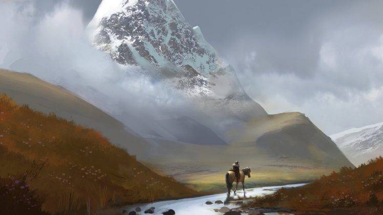 artwork, Digital Art, Landscape, Mountain, River, Snowy Peak, Horse, Men, Field, Hill HD Wallpaper Desktop Background
