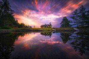 nature, Landscape, Norway, Long Exposure, Lake, Cottage, Reflection, Sky, Sunset, Water, Trees, Boat