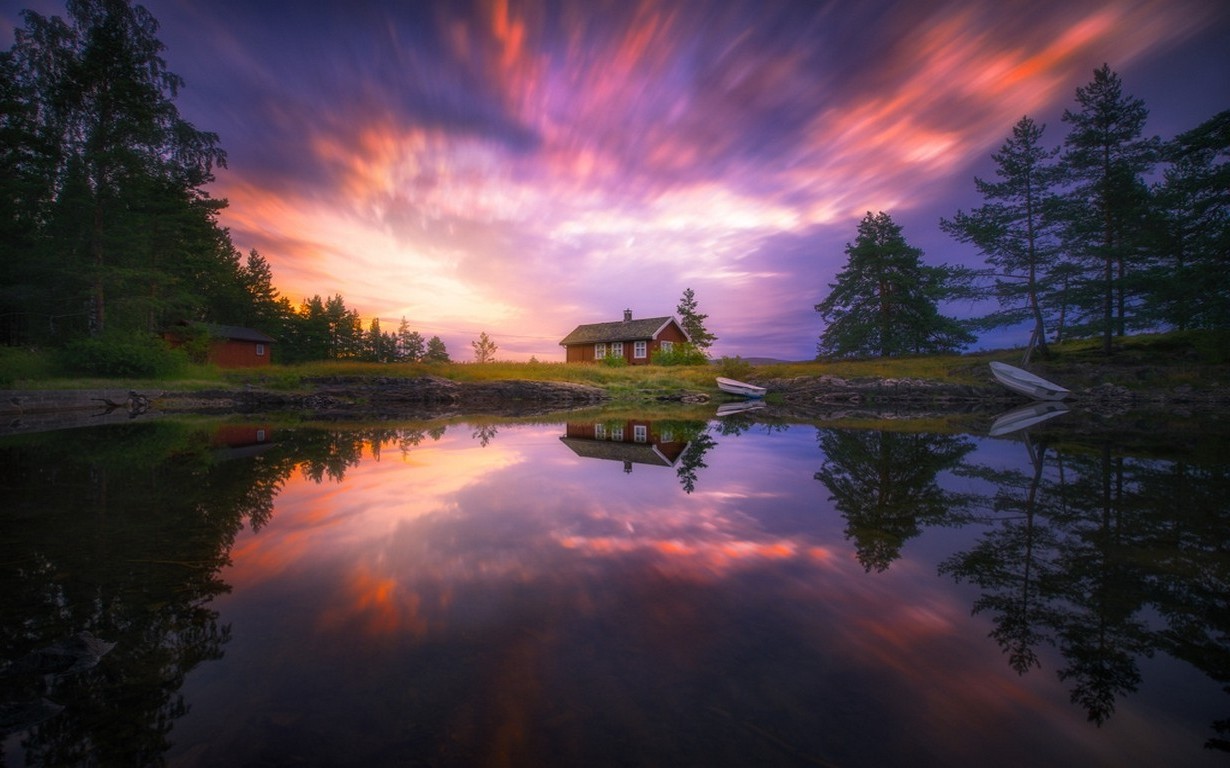 nature, Landscape, Norway, Long Exposure, Lake, Cottage, Reflection, Sky, Sunset, Water, Trees, Boat Wallpaper