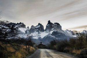 nature, Landscape, Road, Trees, Shrubs, House, Mountain, Torres Del Paine, Chile, Snowy Peak