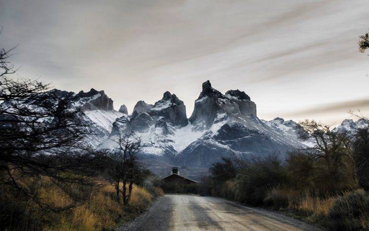 nature, Landscape, Road, Trees, Shrubs, House, Mountain, Torres Del Paine, Chile, Snowy Peak HD Wallpaper Desktop Background