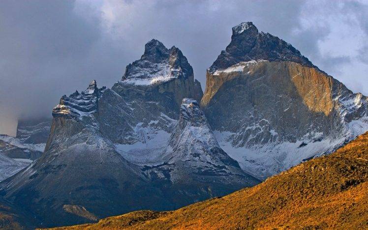 nature, Landscape, Sunrise, Snowy Peak, Torres Del Paine, Mountain, Chile, Clouds HD Wallpaper Desktop Background