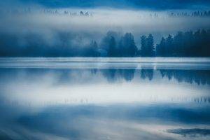 nature, Landscape, Lake, Forest, Mist, Morning, Sunrise, Water, Blue, Finland, Reflection