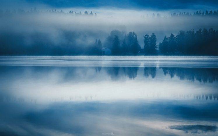 nature, Landscape, Lake, Forest, Mist, Morning, Sunrise, Water, Blue, Finland, Reflection HD Wallpaper Desktop Background