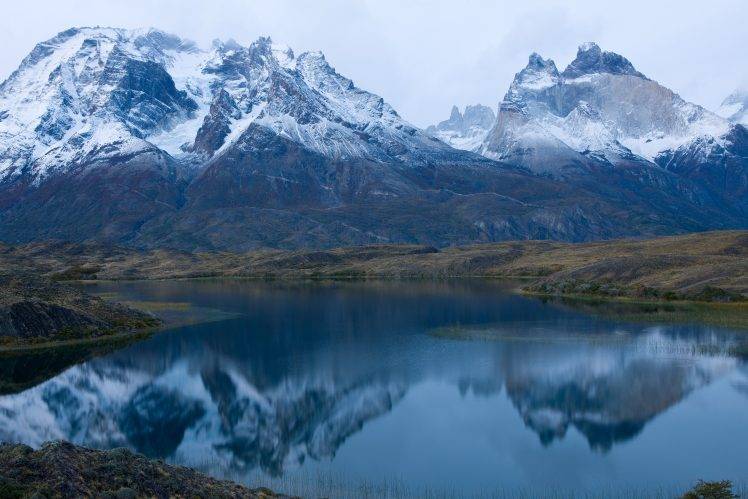 nature, Landscape, Lake, Mountain, Chile, Snowy Peak, Water, Torres Del Paine, Morning, Mist, Reflection HD Wallpaper Desktop Background