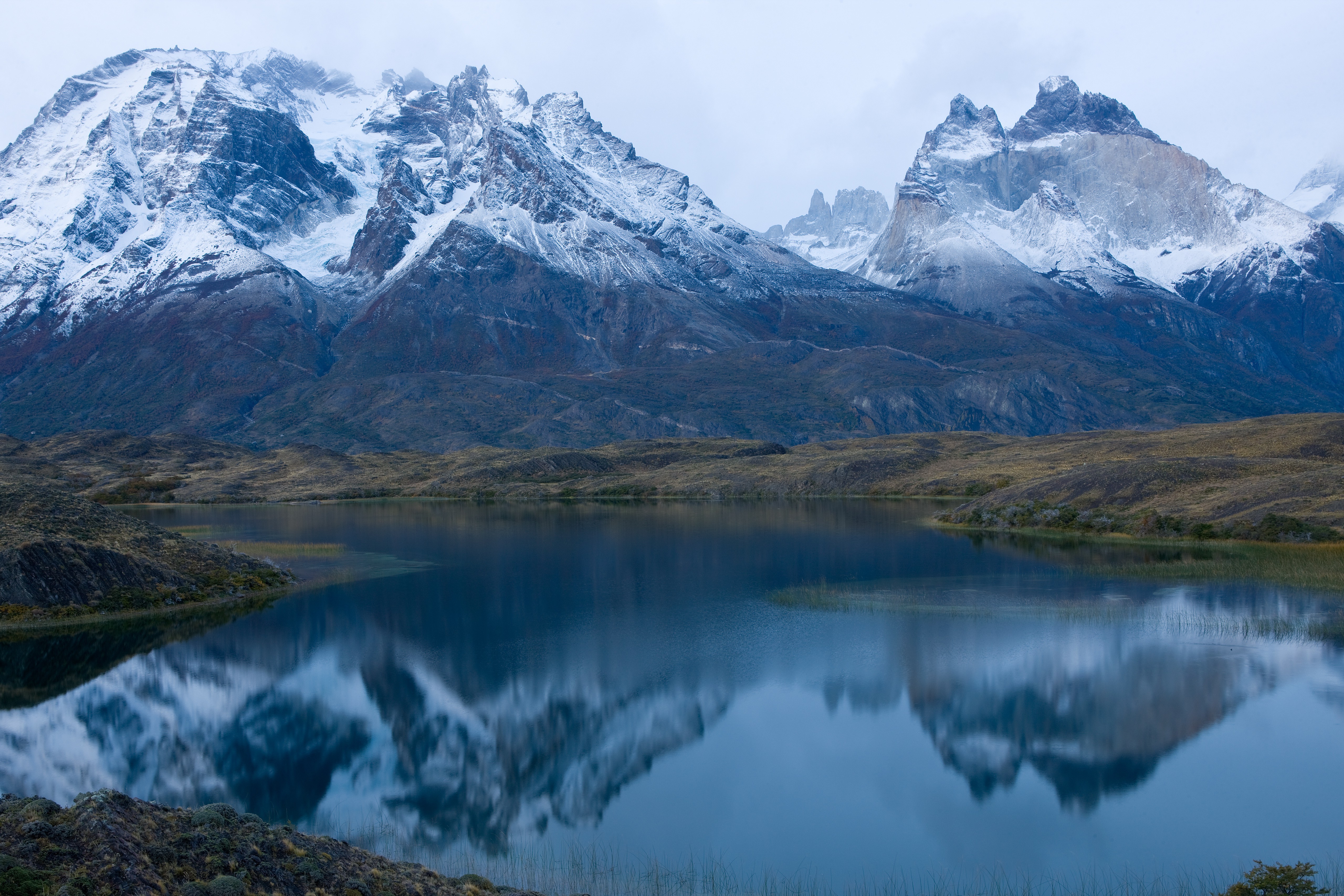 nature, Landscape, Lake, Mountain, Chile, Snowy Peak, Water, Torres Del Paine, Morning, Mist, Reflection Wallpaper