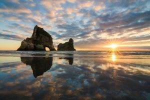 nature, Landscape, Lens Flare, Sunset, Clouds, Reflection, Water, Rock, Rock Formation, Waves, Beach, Coast