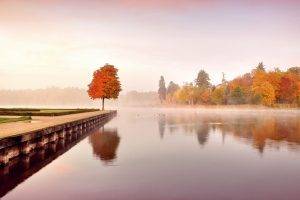 nature, Landscape, Fall, Trees, Water, Calm, Reflection, Pier, Forest, Mist, Lake