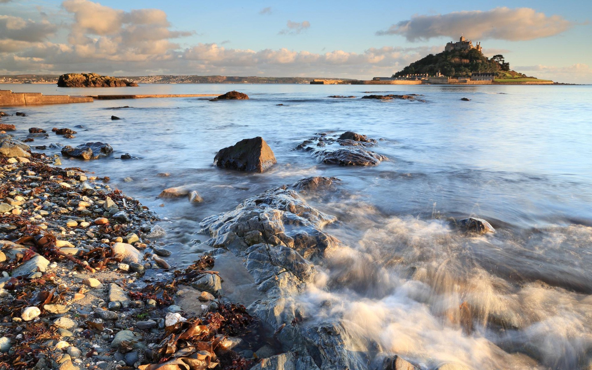 nature, Landscape, Coast, Hill, Sea, Waves, Stones, Water, Castle, Building Wallpaper