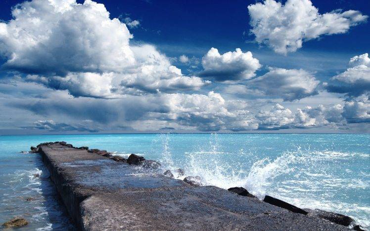nature, Landscape, Clouds, Pier, Rock, Waves, Water, Sea HD Wallpaper Desktop Background