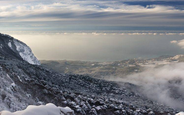 nature, Landscape, Winter, Snow, Coast, Clouds, Hill, Sea HD Wallpaper Desktop Background
