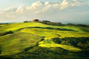 nature, Landscape, Field, Clouds, Hill, House, Building, Green