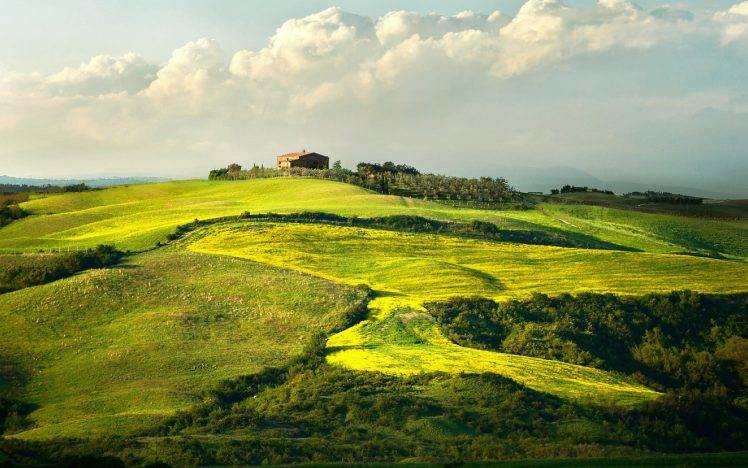 nature, Landscape, Field, Clouds, Hill, House, Building, Green HD Wallpaper Desktop Background