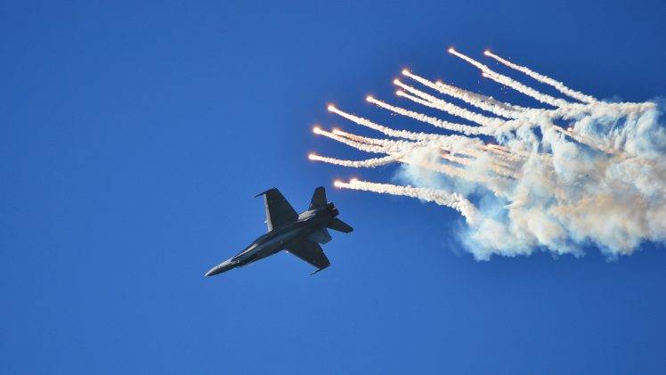 aircraft, Military Aircraft, McDonnell Douglas F A 18 Hornet, Flares, Smoke HD Wallpaper Desktop Background