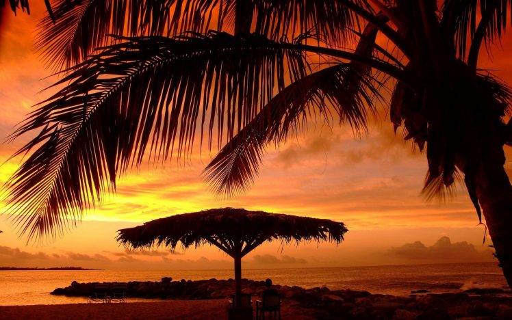 nature, Landscape, Sunset, Umbrella, Beach, Palm Trees, Sea, Clouds, Sky HD Wallpaper Desktop Background