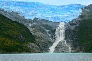 nature, Landscape, Lake, Waterfall, Mountain, Glaciers, Shrubs, Chile