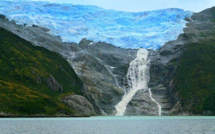 nature, Landscape, Lake, Waterfall, Mountain, Glaciers, Shrubs, Chile HD Wallpaper Desktop Background