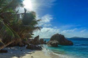 nature, Landscape, Beach, Sand, Palm Trees, Sea, Island, Rock, Clouds, Tropical, Seychelles