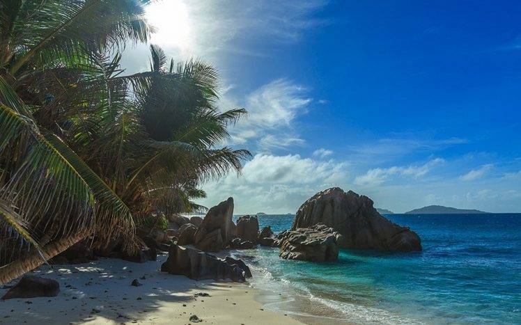 nature, Landscape, Beach, Sand, Palm Trees, Sea, Island, Rock, Clouds, Tropical, Seychelles HD Wallpaper Desktop Background