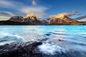 nature, Landscape, Mountain, Sunrise, Lake, Clouds, Chile, Snowy Peak, Summer, Water, Torres Del Paine