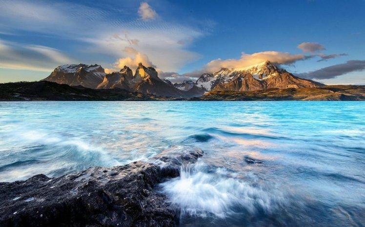 nature, Landscape, Mountain, Sunrise, Lake, Clouds, Chile, Snowy Peak, Summer, Water, Torres Del Paine HD Wallpaper Desktop Background