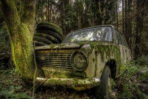 nature, Trees, Forest, Leaves, Car, LADA, Russian Cars, Old Car, Wreck, Moss, Tyres, Branch, Rust, HDR