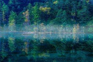 nature, Landscape, Lake, Reflection, Mist, Water, Morning, Japan, Trees, Green, Sunrise
