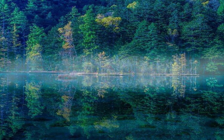 nature, Landscape, Lake, Reflection, Mist, Water, Morning, Japan, Trees, Green, Sunrise HD Wallpaper Desktop Background