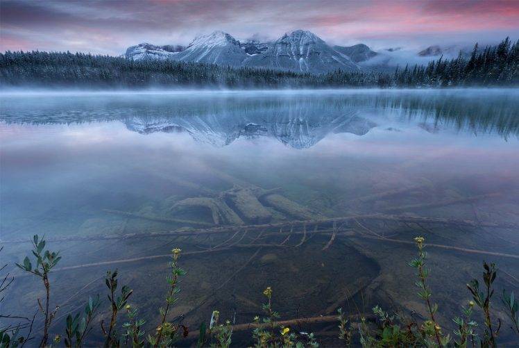 nature, Landscape, Banff National Park, Lake, Canada, Forest, Mountain, Reflection, Mist, Snow, Water, Blue, Shrubs, Sky, Sunset HD Wallpaper Desktop Background