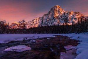 landscape, Nature, Sunrise, Lake, Alberta, Canada, Mountain, Forest, Snowy Peak, Snow, Trees, Cold, Winter, Frost
