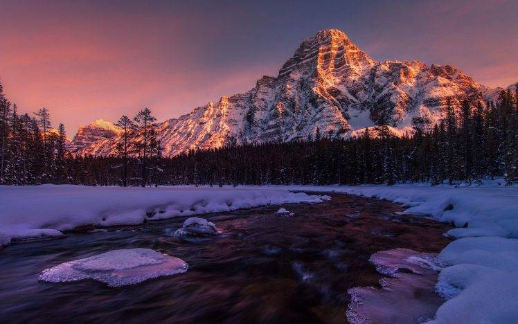 landscape, Nature, Sunrise, Lake, Alberta, Canada, Mountain, Forest, Snowy Peak, Snow, Trees, Cold, Winter, Frost HD Wallpaper Desktop Background