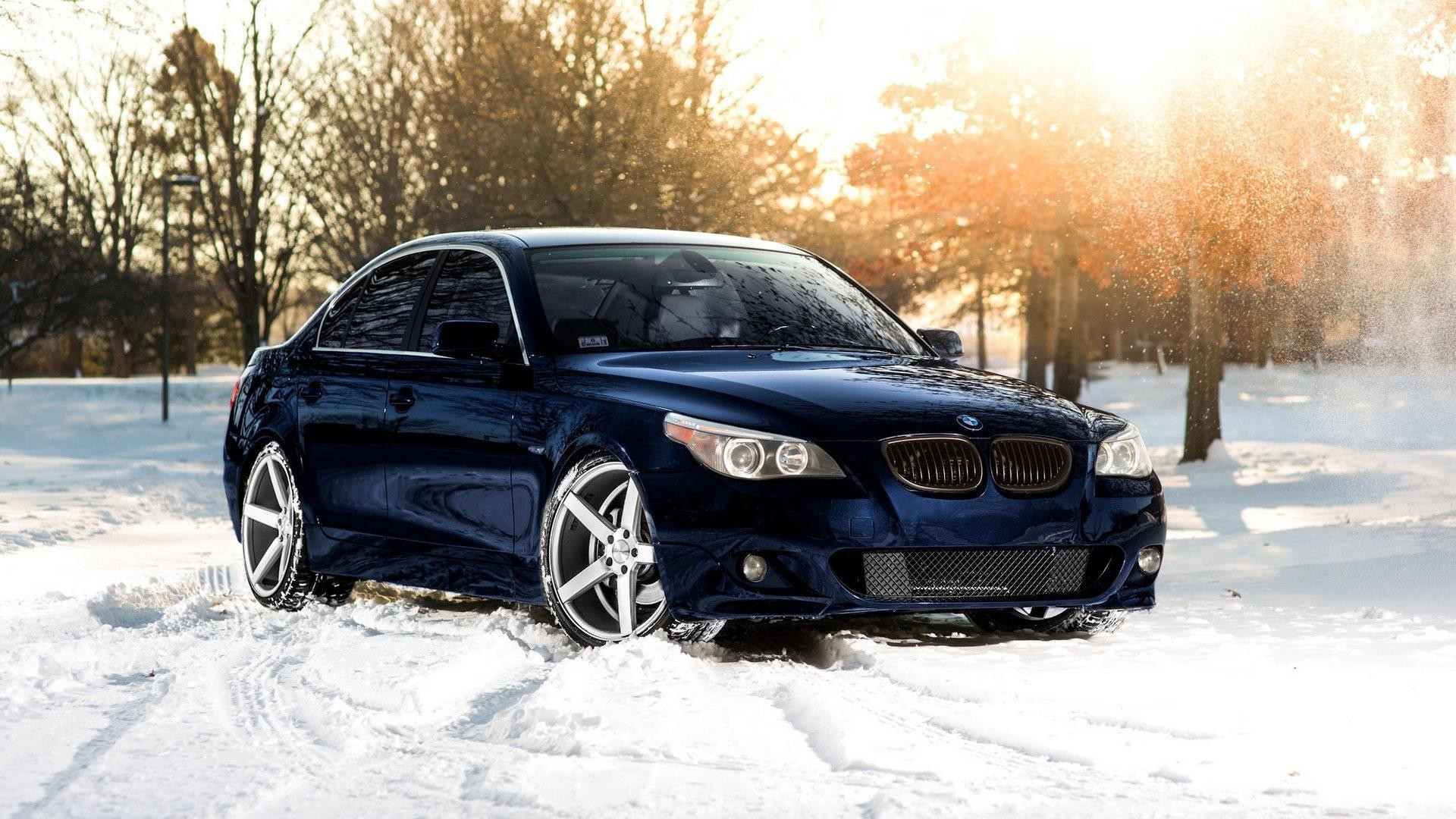 car, BMW, Snow, Winter, Trees, Sunset, BMW E60, BMW 5 Series Wallpaper